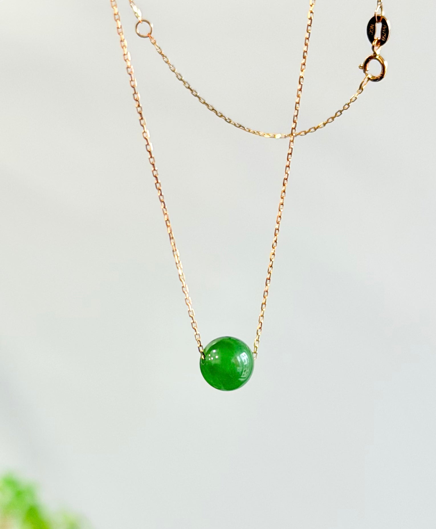 Siberian Jade Bead Necklace 18K Gold Apple Green Top Grade Natural Jade 8mm #1501