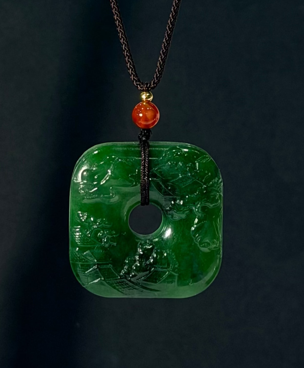 Green arctic Polar jade pendant, mountain and river tradition painting jade carving square shape Peace Buckle Pendant