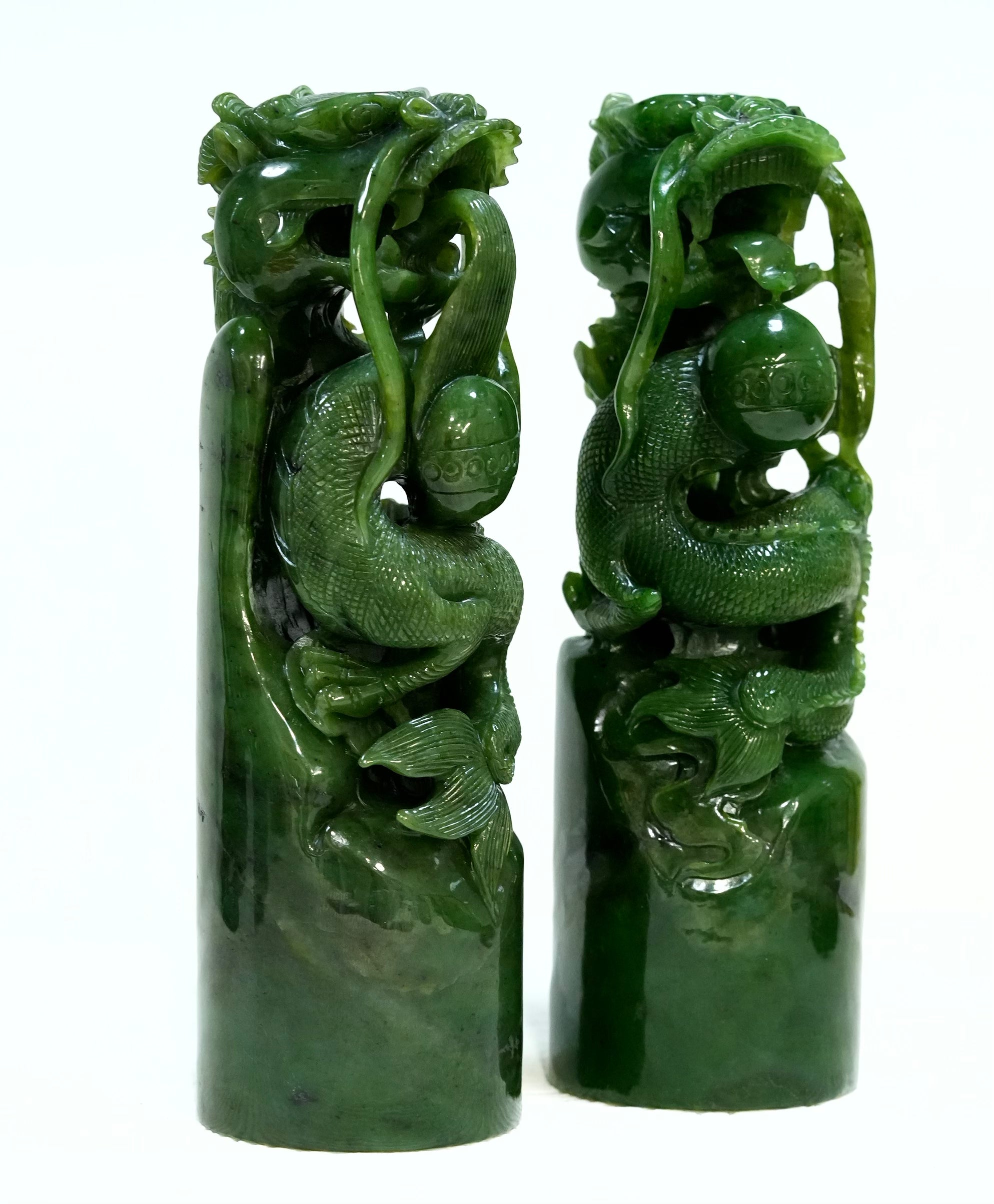 Double Dragons with Sacred Pearl Jade Carving (Pair) #2991