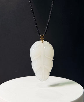 Siberian White Jade Mutton Fat Leaf Pendant Top Grade 18K Gold Natural Jade 54mm #3009