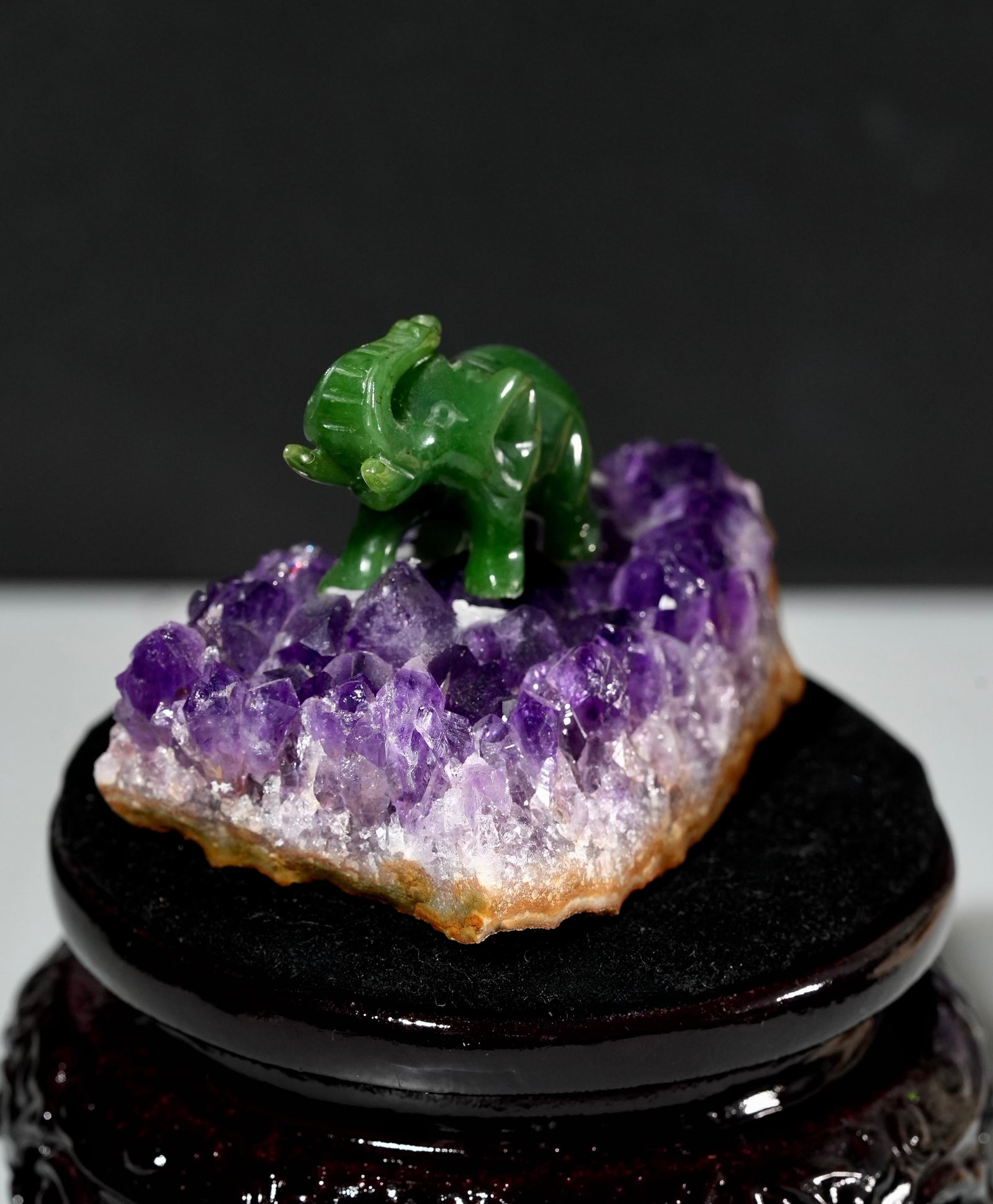 Amethyst Base Cut Display with Jade Elephant #3034