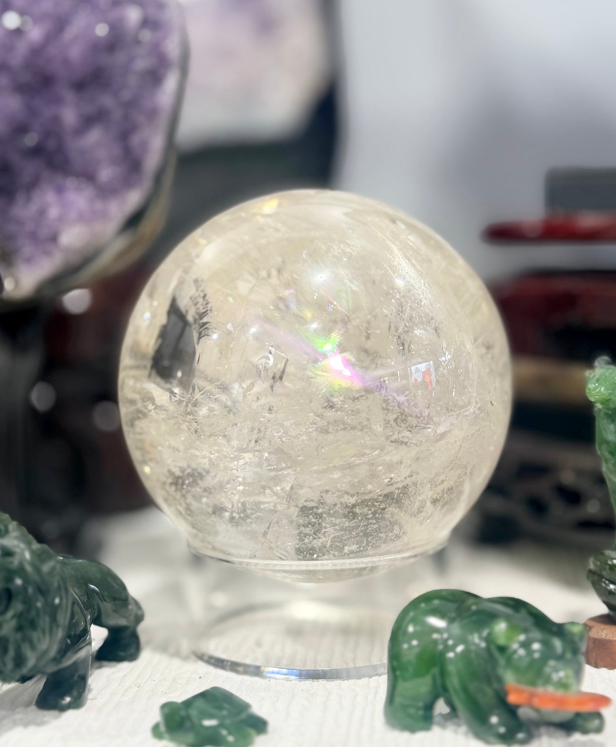 White Crystal Ball with Stand Rainbow Rock Crystal Natural Crystal Clear Quartz Healing Sphere 9cm