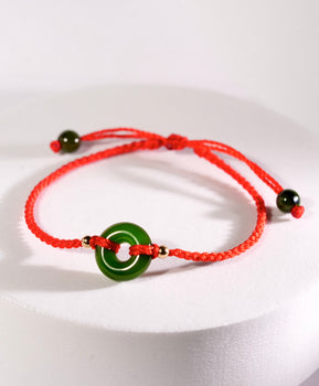 Top Grade Siberian Jade Peace Buckle Bracelet Ping An Kou Red Cord Natural Jade 14K Solid Gold|#1350