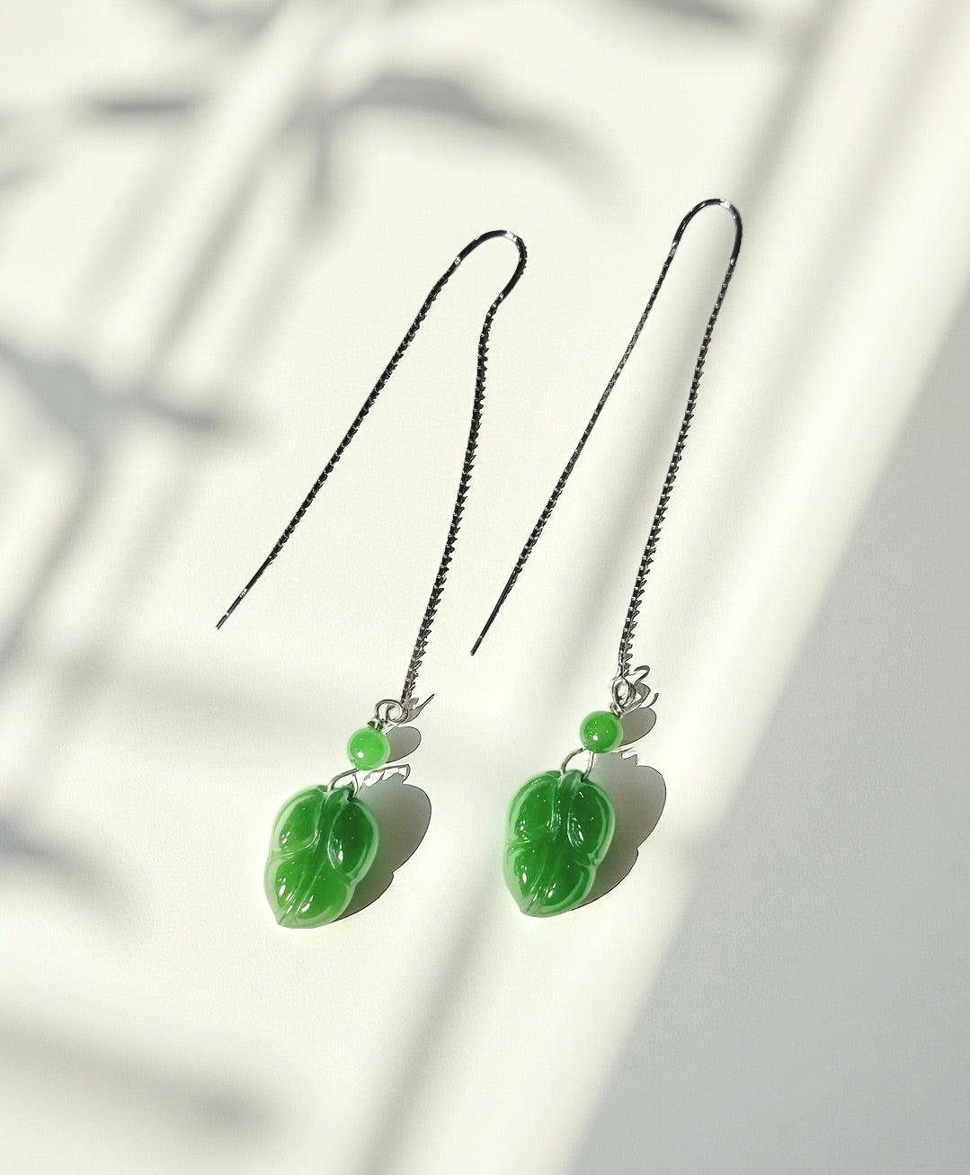 Siberian Jade Leaf Earrings Long Dangle 14K Gold Natural Jade #1884