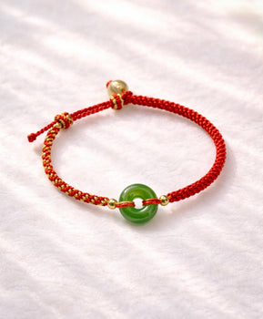 Siberian Jade Peace Buckle Ping An Kou Red Cord Bracelet #1452