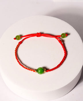 Siberian Chatoyant Jade Bracelet Apple Green Red Cord Top Grade #1326