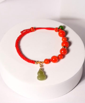 Hetian Jade Gourd Red Carnelian Red Cord Bracelet #1306
