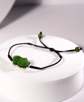 Siberian Jade Pixiu Bracelet Black Cord Natural Jade #1813