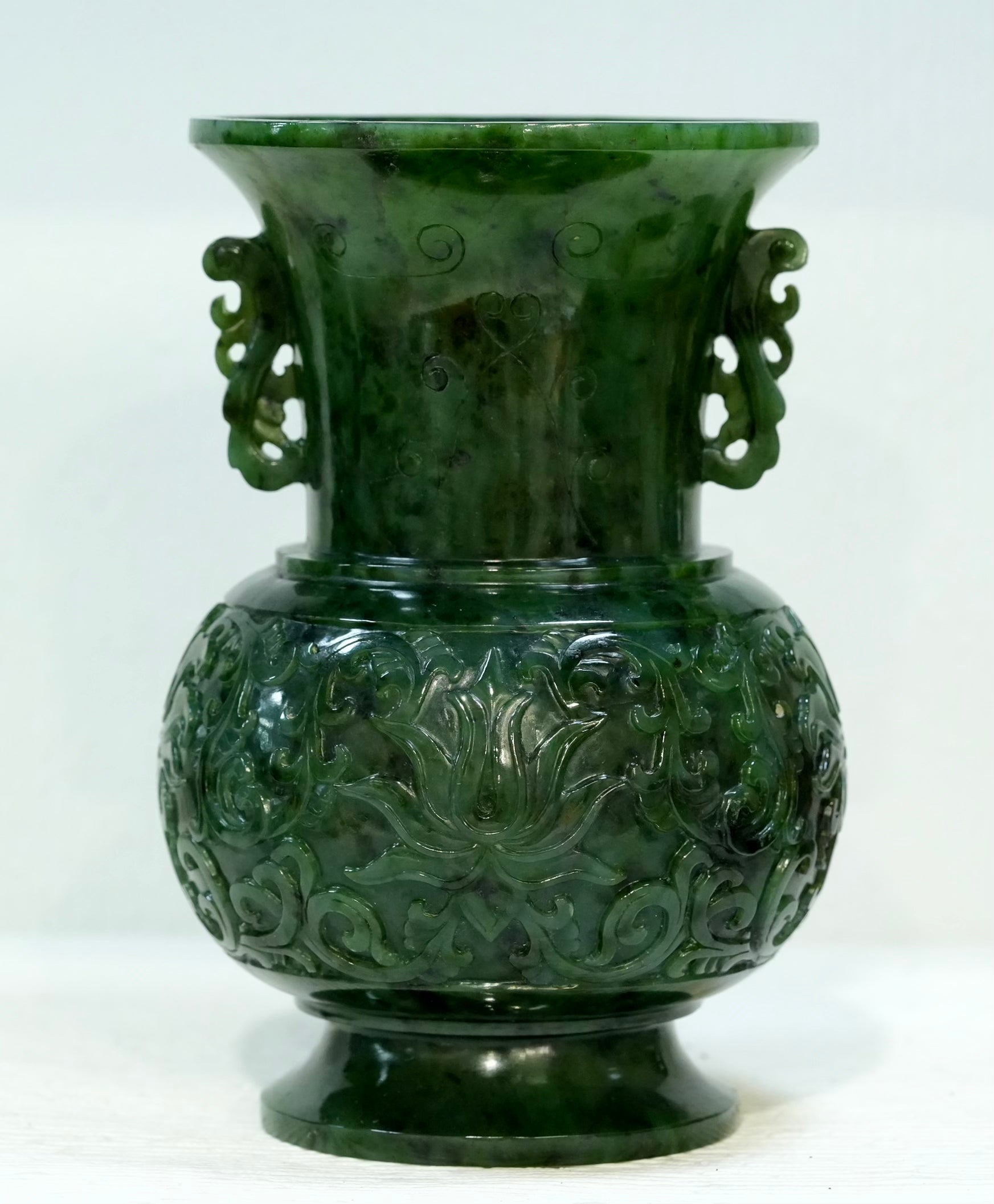 Jade Ritual Vase with Lotus and Dragon Handles #2989