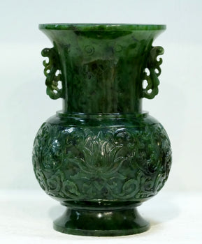 Jade Ritual Vase Lotus and Dragon Handles Natural Jade #2989