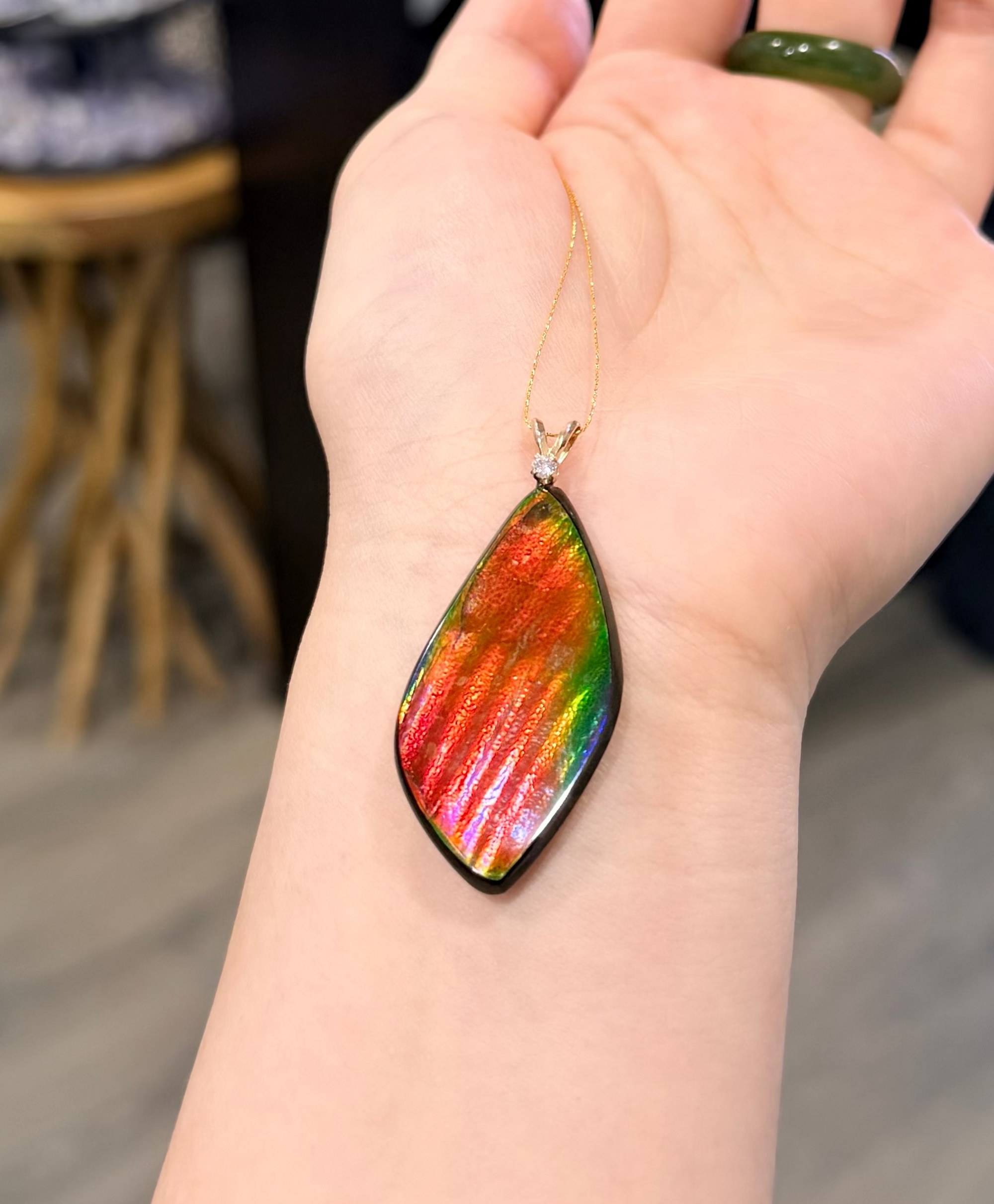 Canadian Ammolite Pendant AAA Grade 14K Rainbow Pendant Freeform Natural Stone 48mm #273