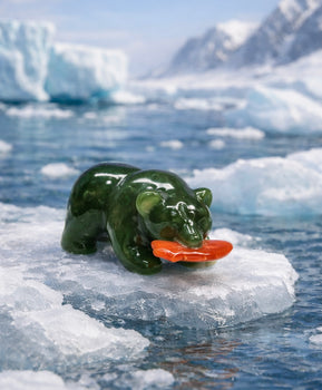 Canadian Nephrite Jade Polar Bear Figurine with Fish｜1.5" Lucky Arctic Bear Souvenir｜#2230