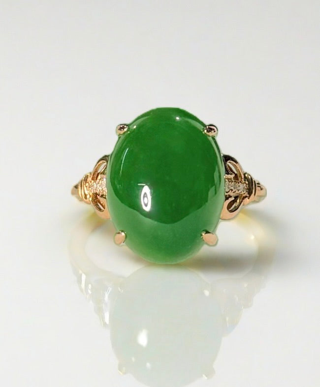 Siberian Jade Cabochon Ring 18K Gold Natural Jade #1496