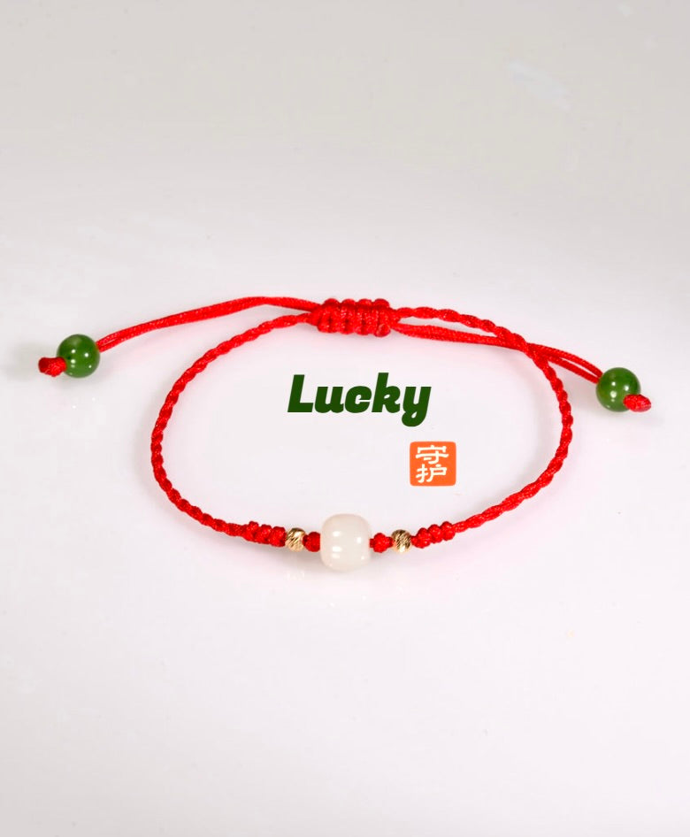 6mm 14K White Jade Red Cord Bracelet #2889