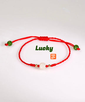 White Jade Bracelet Red Cord 6mm 14K Gold Natural Jade #2889