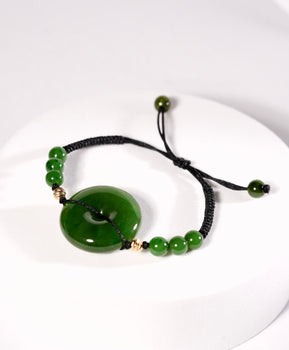 Polar Jade Peace Buckle Bracelet Ping An Kou Black Cord Natural Jade 14K Solid Gold|#2618