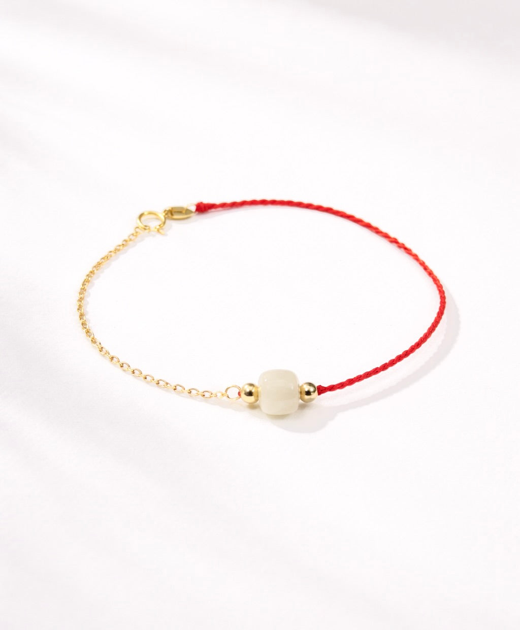 White Jade Bracelet Prime Luck Red Cord 18K Gold Natural Jade #1498