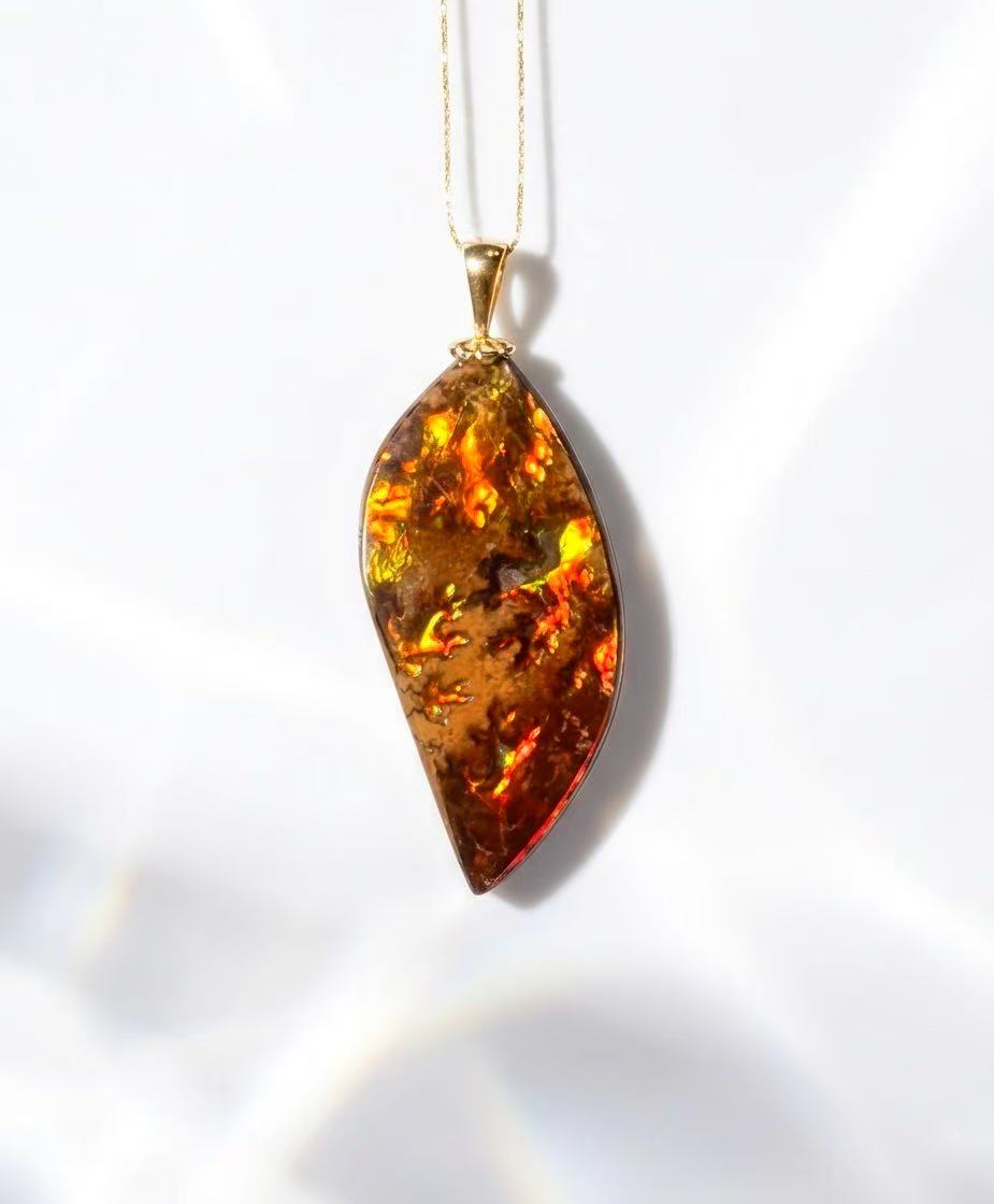 Canadian Ammolite Pendant AA+ Grade 14K Gold Flame Pendant Freeform Natural Stone 50mm #272