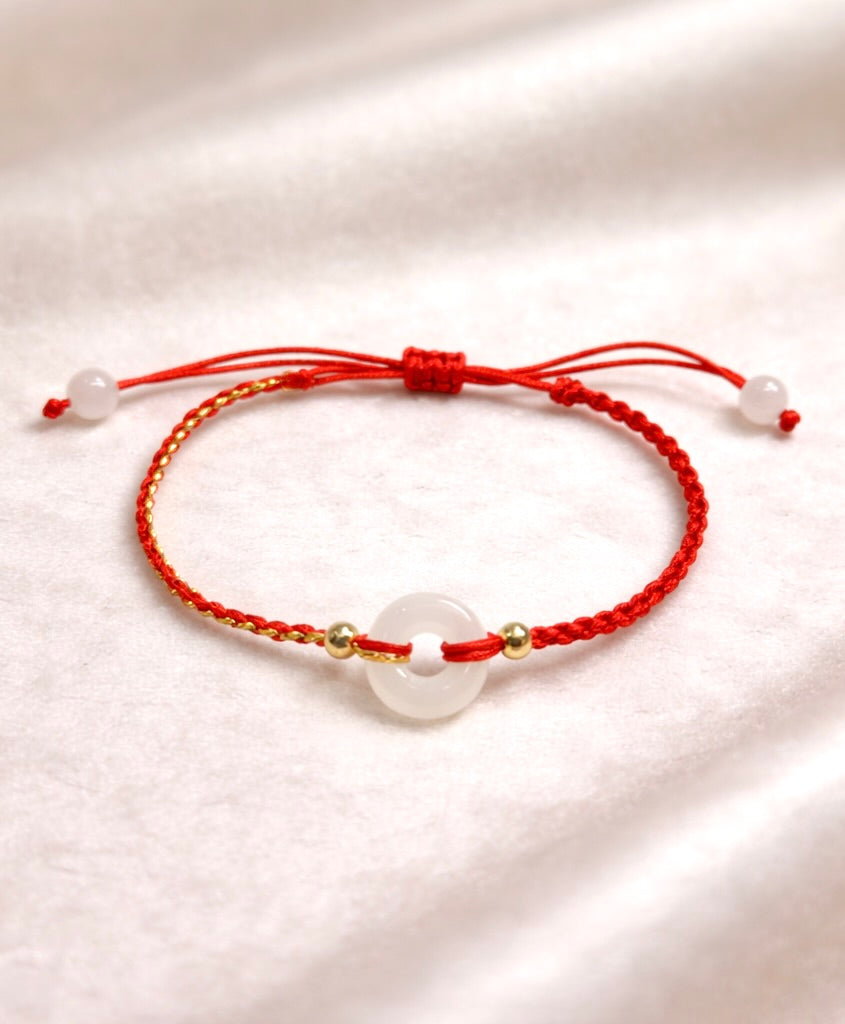 White Jade Bracelet Red Cord Peace Buckle 13mm #1344