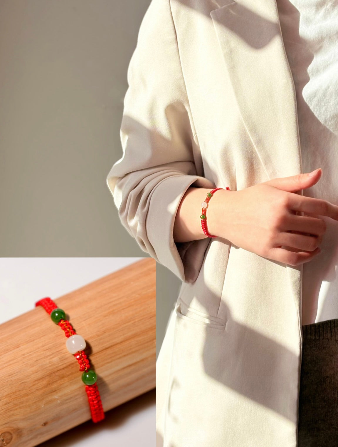 Polar Jade Hetian White Jade Bracelet Trinity of Luck Red Cord Natural Jade #3002