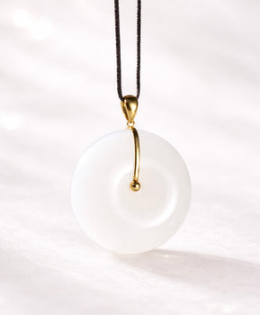 White Jade Donut Pendant PI Harmony Peace Buckle Ping An Kou 18K Gold Natural Jade #1509
