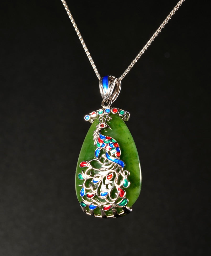 Peacock Silver Wire Inlay Enamel Jade Pendant #1779