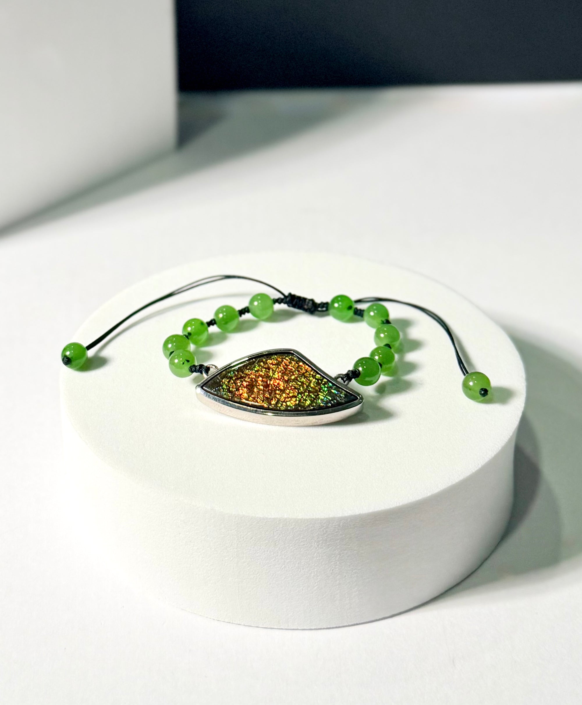 Canadian Ammolite Bracelet Siberian Jade Bracelet Natural Stone #1215