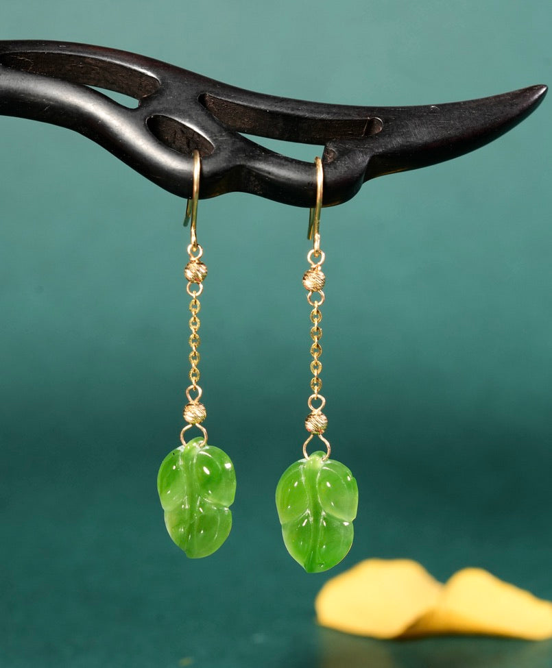 18K Siberian Jade Leaf Earrings #2662