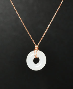 White Jade Donut Pendant Ping An Kou PI Harmony Peace Buckle 14K Gold Natural Jade #1743