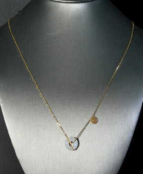 White Jade Donut Pendant PI Harmony Peace Buckle Ping An Kou 18K Gold Natural Jade #1751
