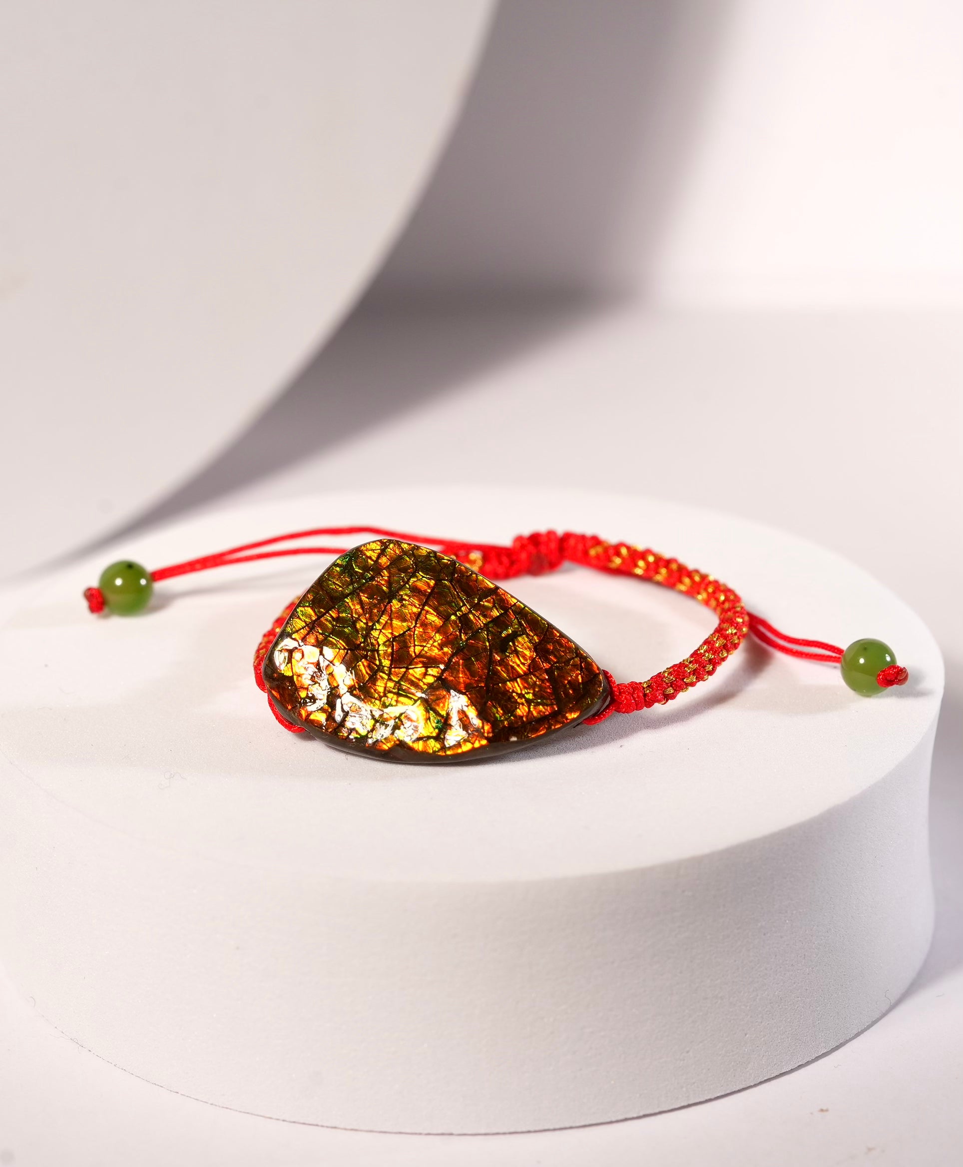 Ammolite Red Cord Bracelet Dragon Scale Pattern Natural Stone #1203