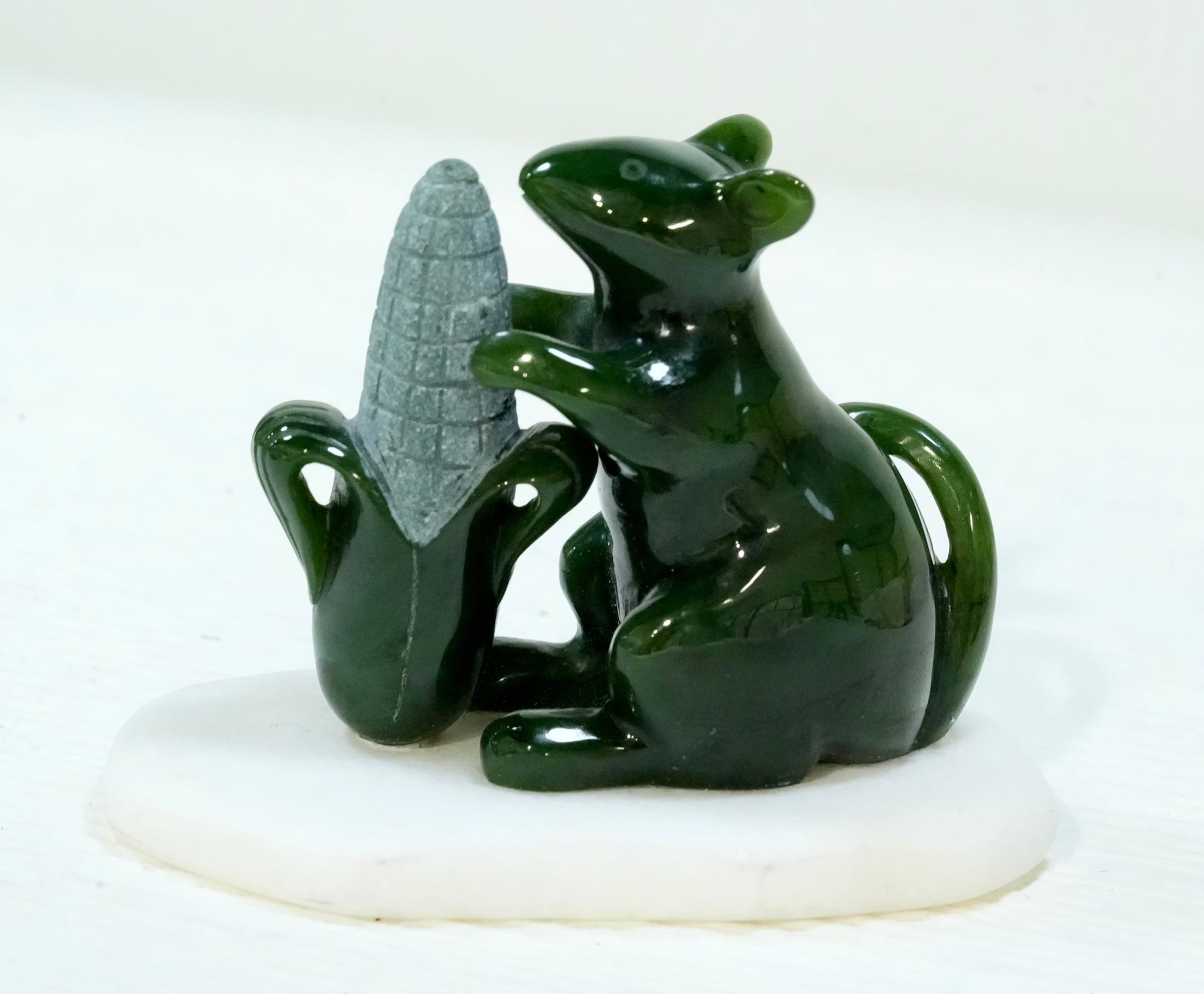 2" Jade Mouse With Corn On White Marble