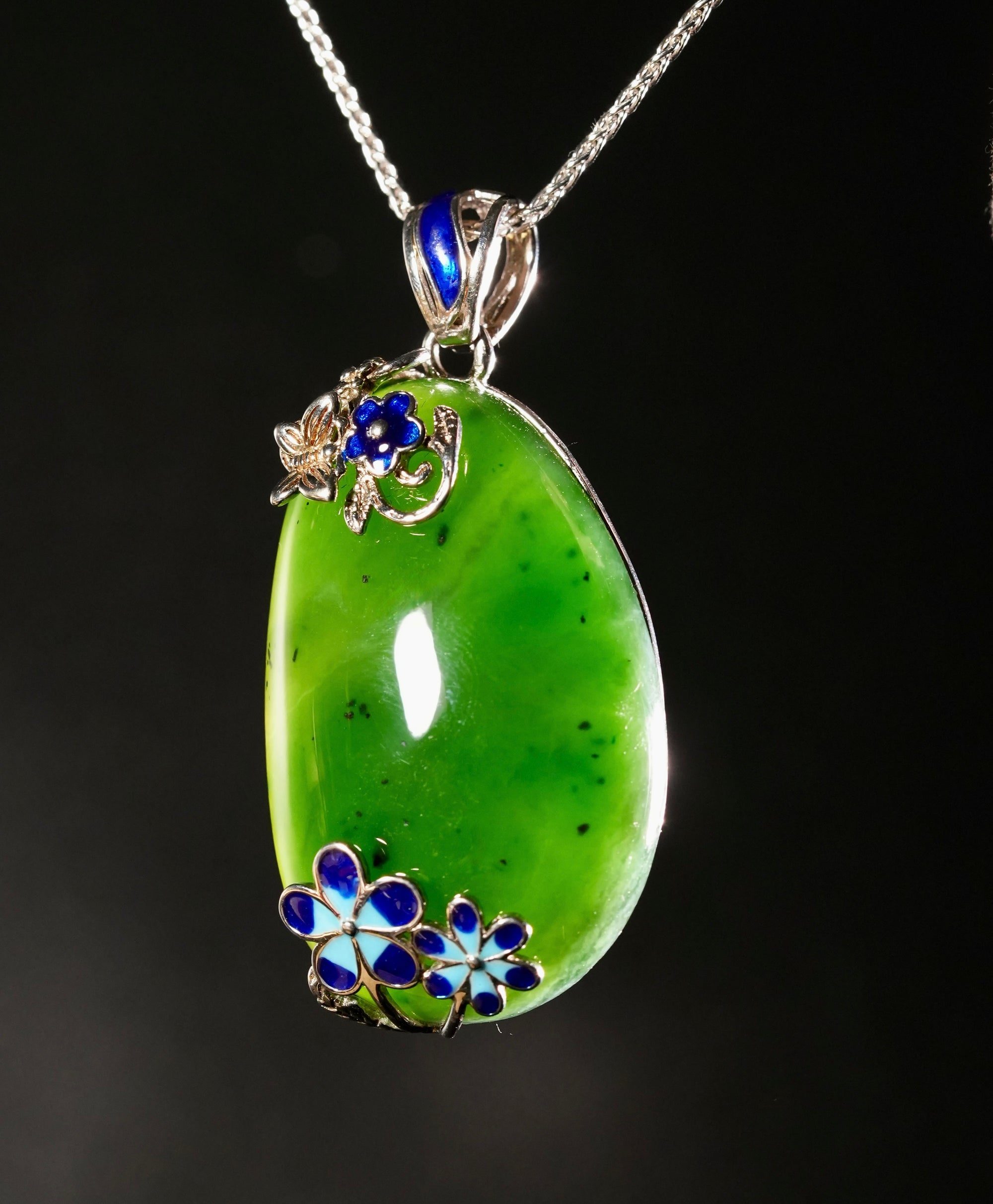Flower Silver Wire Inlay Enamel Jade Pendant  #1778