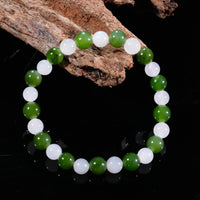 7mm White & Green Jade Beaded Bracelet #2453