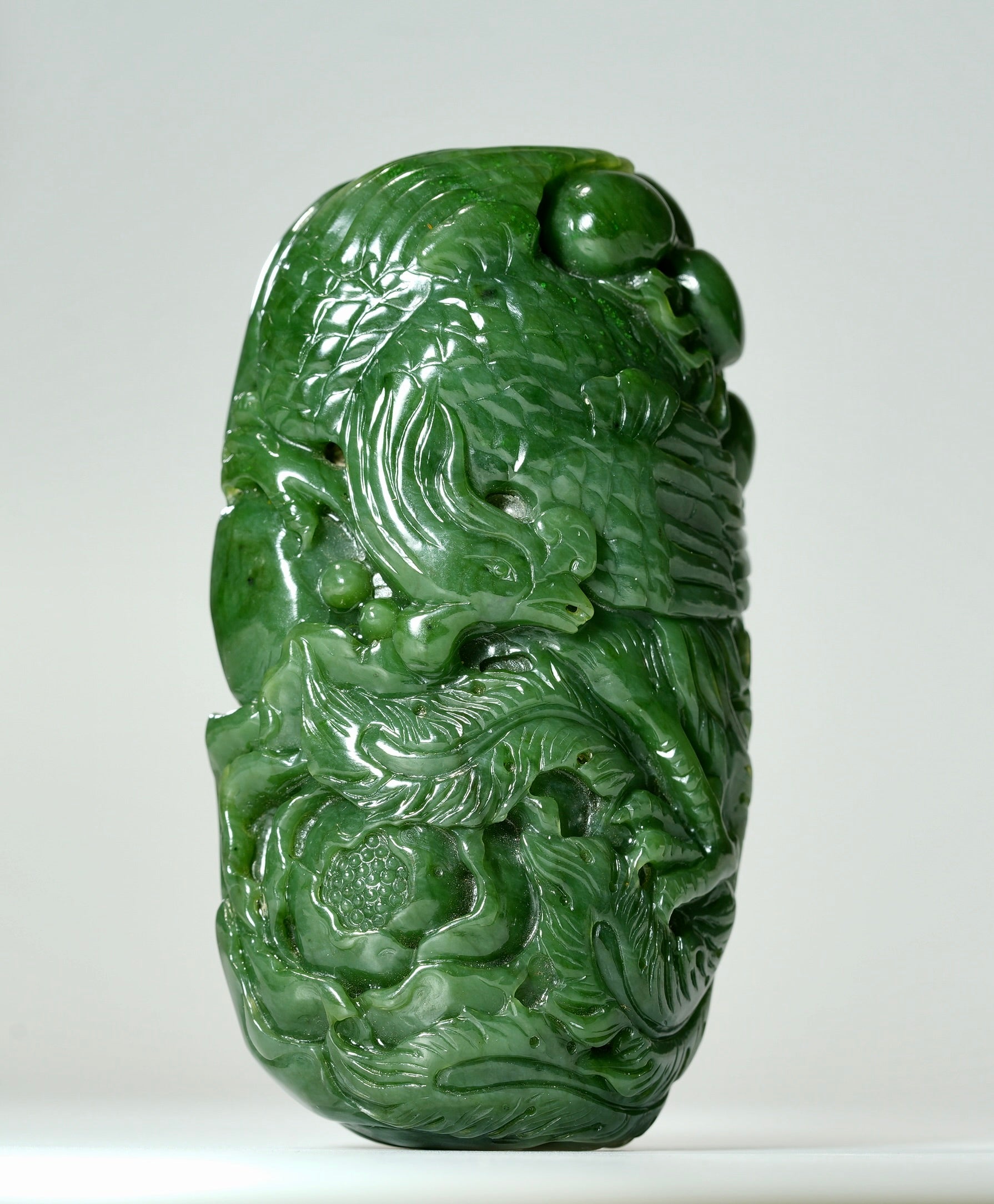 Hand-Carved Jade Phoenix Palm Stone #1460
