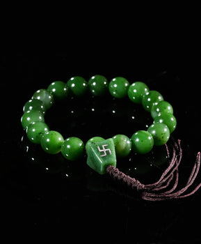 Jade Beaded Bracelet Swastika Symbol 12mm Natural Jade #1882