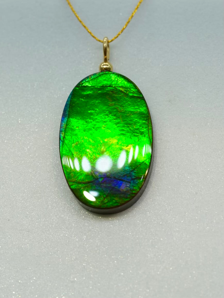 Authentic Alberta Ammolite Pendant Necklace– 14K Gold Filled, Grade AA Green & Purple Fire Spectrum|#3228