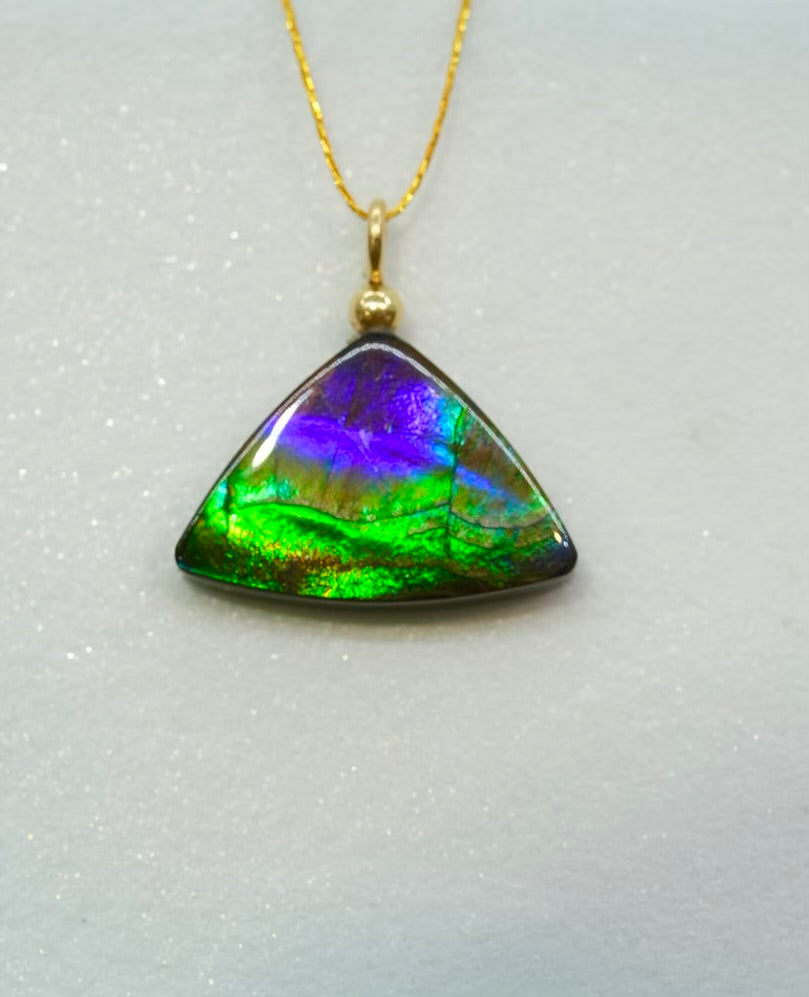 Authentic Alberta Ammolite Pendant Necklace– 14K Gold Filled, Grade AA Green & Violet Fire Spectrum|#3270