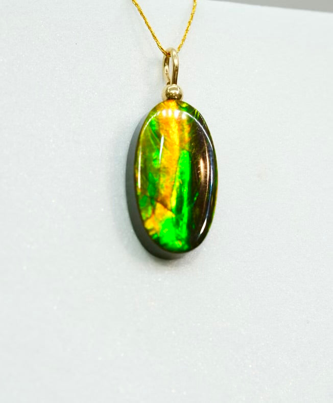 Authentic Alberta Ammolite Pendant Necklace– 14K Gold Filled, Grade AA Green & Golden Fire Spectrum|#3246