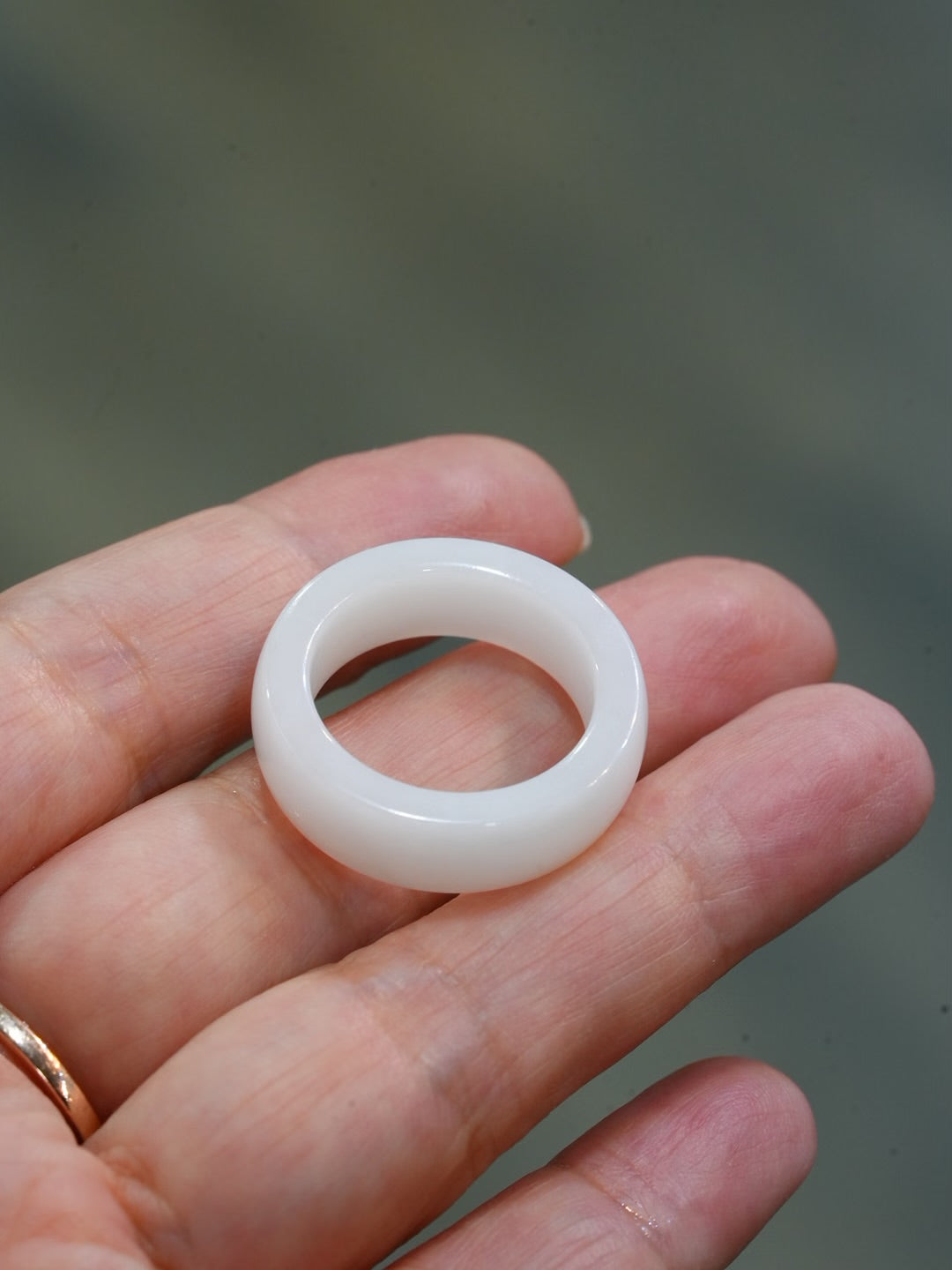 Natural Hetian Nephrite Jade Domed Wide Band Ring – White Size 9| Certified in Canada | #5073