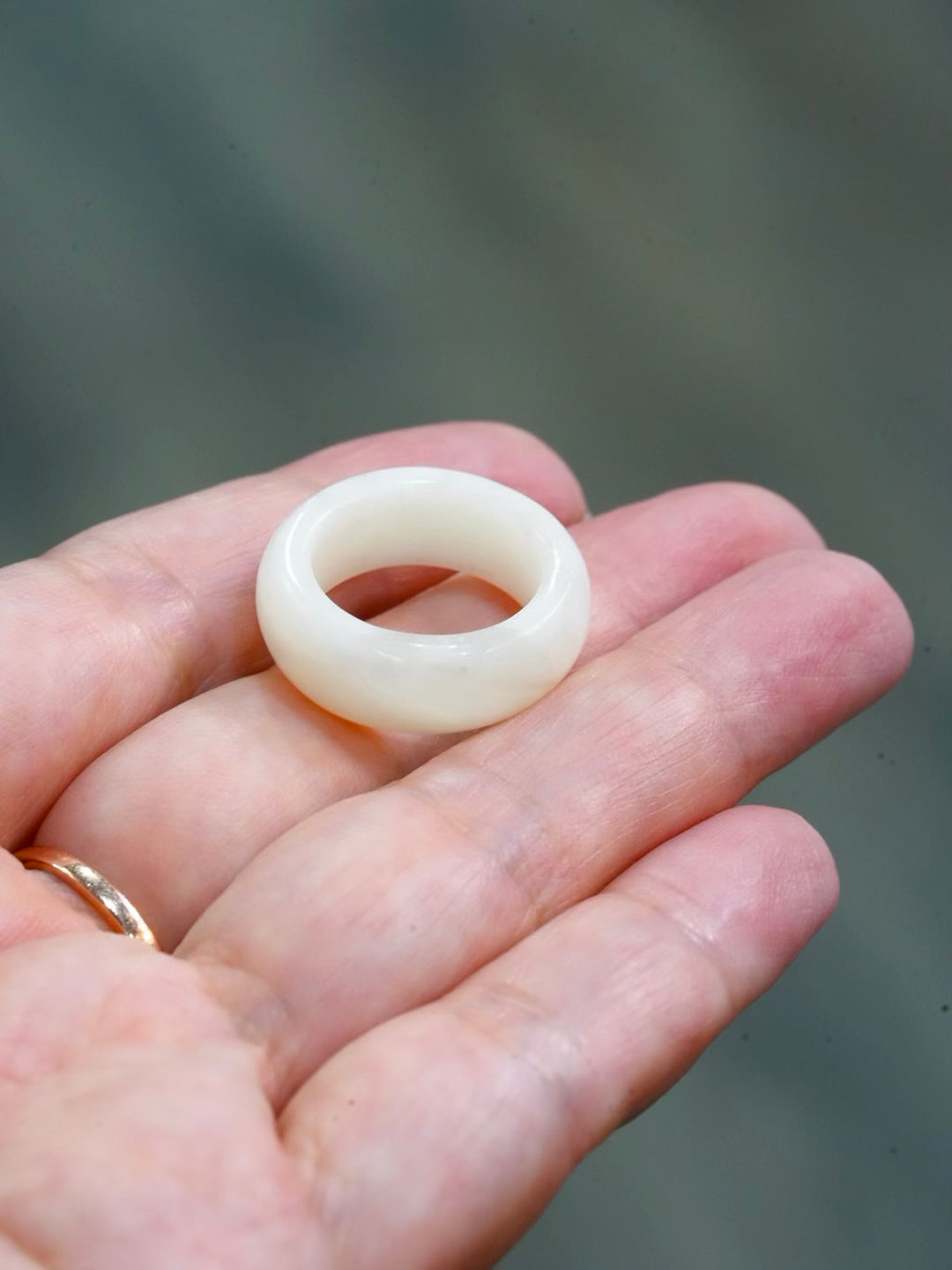 Natural Hetian Nephrite Jade Domed Wide Band Ring – White Size 6| Certified in Canada | #5076