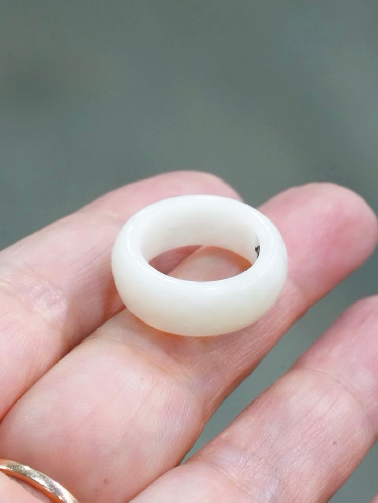 Natural Hetian Nephrite Jade Domed Wide Band Ring – White Size 4| Certified in Canada | #5077