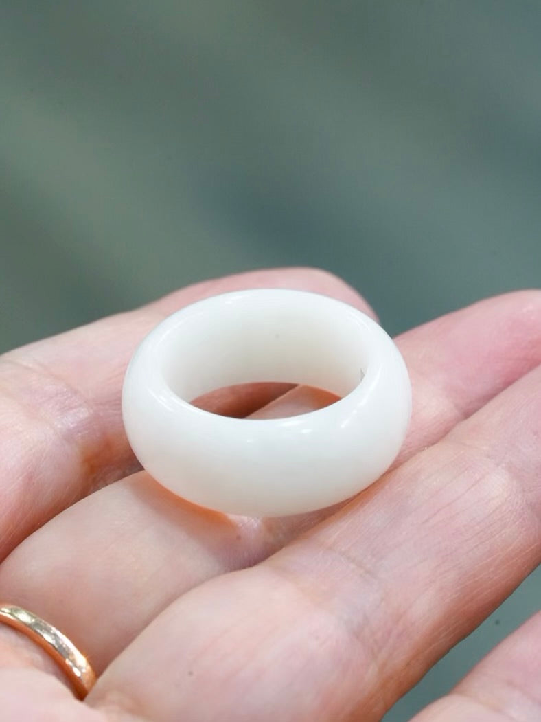 Natural Hetian Nephrite Jade Domed Wide Band Ring – White Size 8| Certified in Canada | #5079