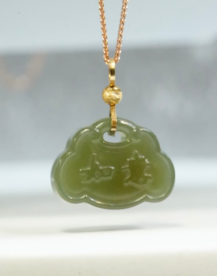Natural Hetian Nephrite Jade Ruyi Pendant  | Lake Green 14K | #5071