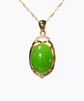 Siberian Jade Pendant Cabochon Oval Apple Green Top Grade 18K Gold Natural Jade 20mm #3025
