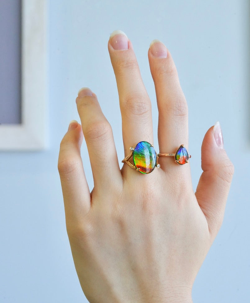 Ammolite Diamond Ring 18K Gold Natural Stone #365
