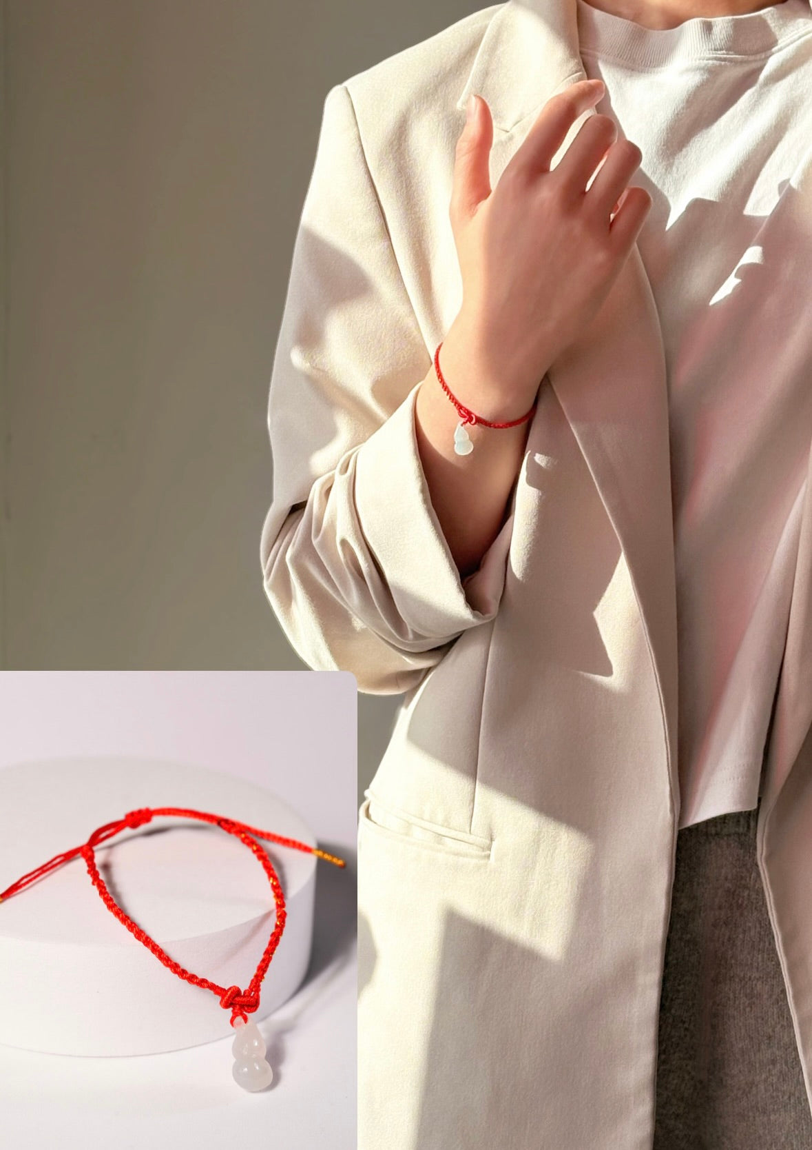 Hetian White Jade Gourd Red Cord Bracelet #1609