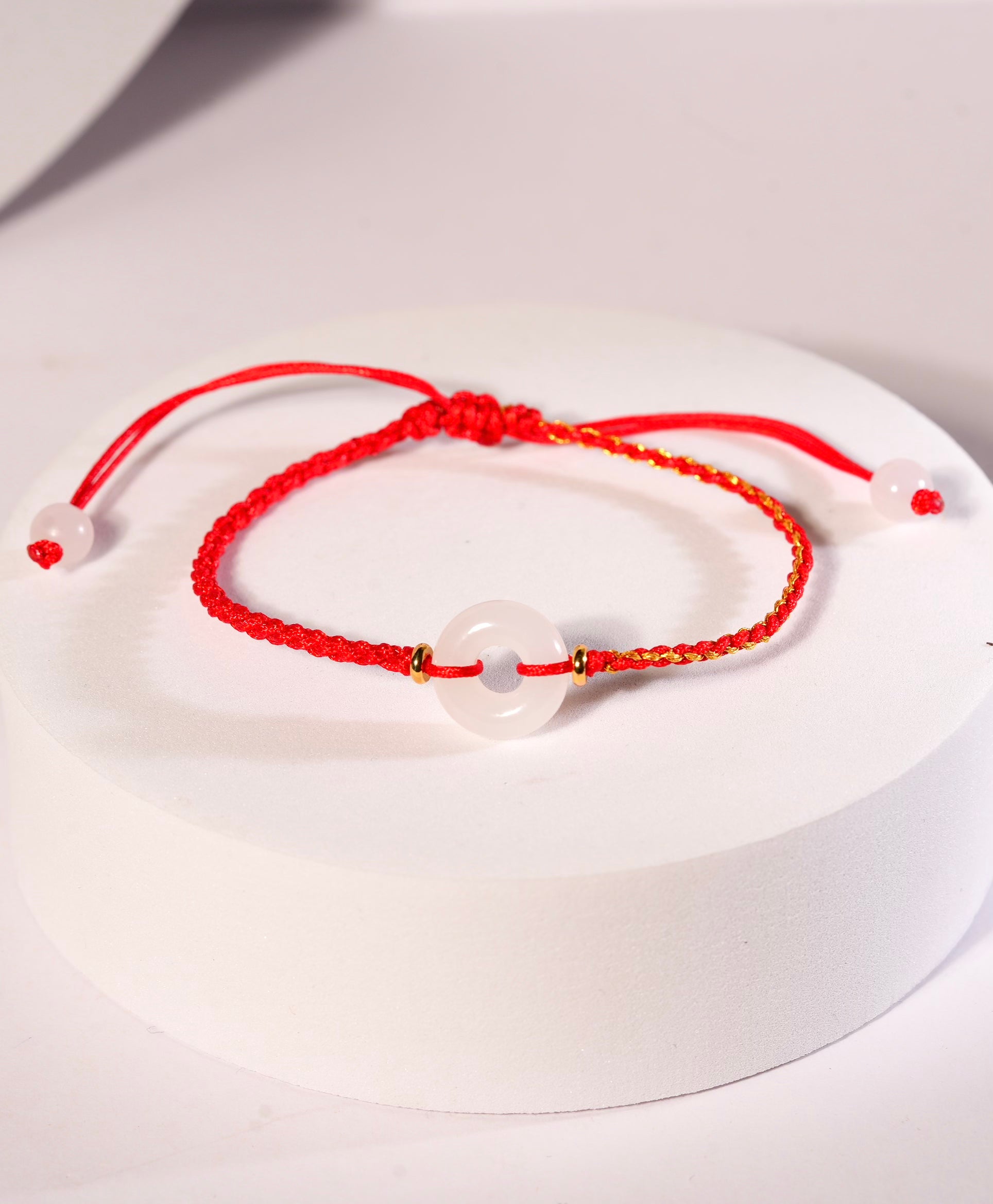 White Jade Bracelet Red Cord Peace Buckle 13mm #1344