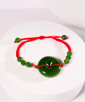 Polar Jade Peace Buckle Bracelet Ping An Kou Red Cord Natural Jade 14K Solid Gold|#2617