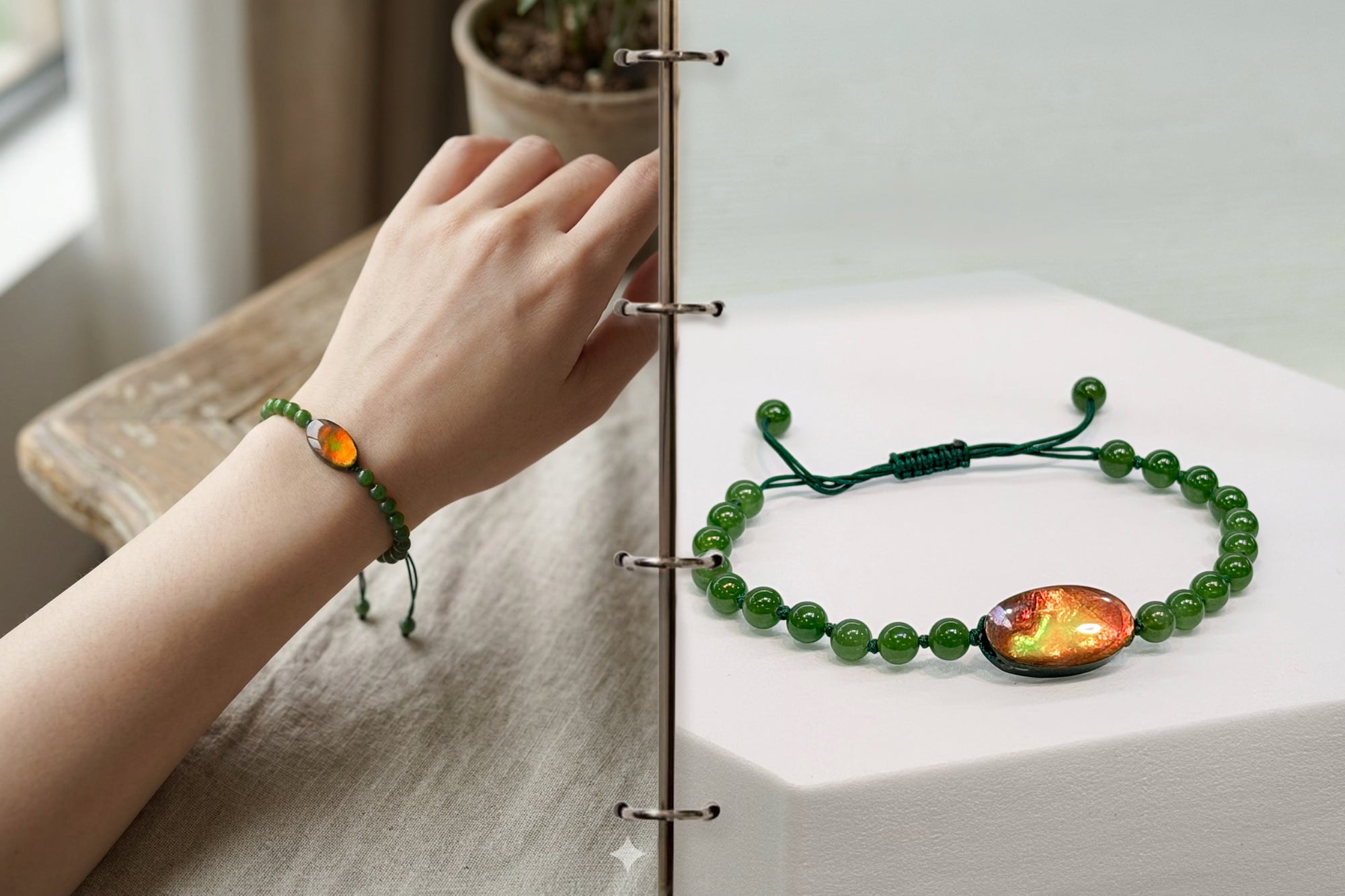 Natural Canadian Polar Jade & Ammolite Bracelet AAA Grade 4mm - Handcrafted Protection & Good Luck Talisman｜#5015